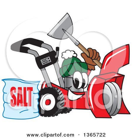 Clipart of a Snow Blower Mascot Holding a Shovel by a Bag of Salt - Royalty Free Vector Illustration by Mascot Junction
