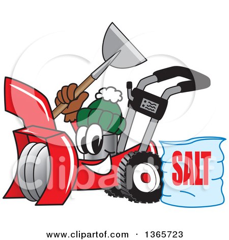 Clipart of a Snow Blower Mascot Holding a Shovel by a Bag of Salt - Royalty Free Vector Illustration by Mascot Junction