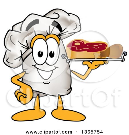 Clipart of a Toque Chefs Hat Mascot Character Serving Beef and a Drumstick on a Tray - Royalty Free Vector Illustration by Mascot Junction