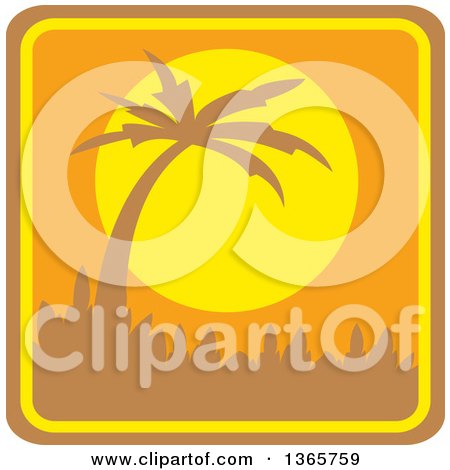 Clipart of a Yellow and Orange Silhouetted Palm Tree Sunset Square Icon with Rounded Corners - Royalty Free Vector Illustration by Andy Nortnik
