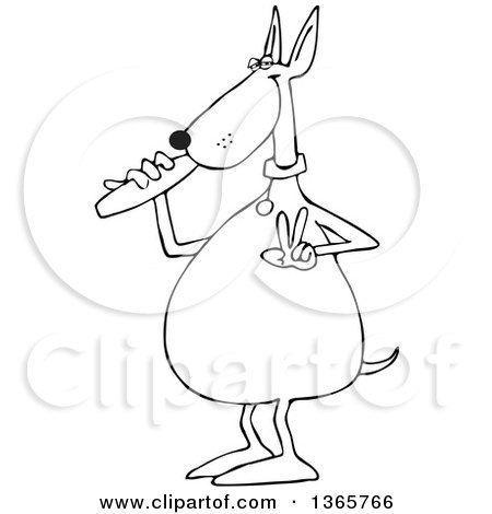 Clipart of a Cartoon Black and White Stoned Dog Gesturing Peace and Smoking a Joint - Royalty Free Vector Illustration by djart