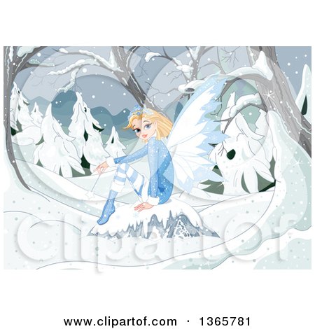 Clipart of a Beautiful Blond White Female Fairy Sitting on a Boulder in a Snowy Winter Forest - Royalty Free Vector Illustration by Pushkin