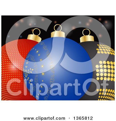 Clipart of a 3d Blue, Red and Black Christmas Baubles over Flares - Royalty Free Vector Illustration by elaineitalia