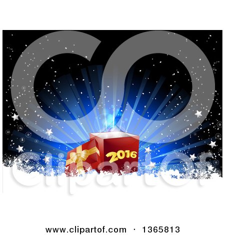 Clipart of a 3d Red Gift Box with a Gold Bow and the Lid Off, with New Year 2016 on the Front, over a Blue Burst and Snow - Royalty Free Vector Illustration by elaineitalia