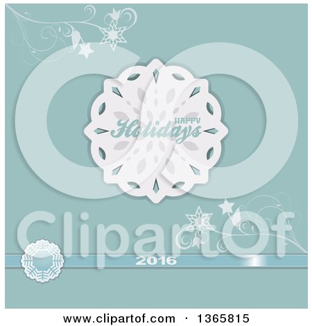 Clipart of a Retro Happy Holidays 2016 Greeting with a Paper Snowflake, Ribbon and Flourishes on Pastel Blue - Royalty Free Vector Illustration by elaineitalia