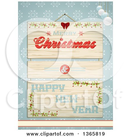 Clipart of a Merry Christmas and Happy New Year Greeting on Wood, with Holly over Blue Snowflakes - Royalty Free Vector Illustration by elaineitalia