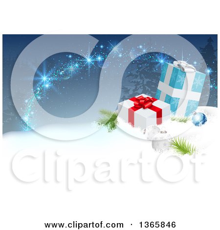 Clipart of a Christmas Background with 3d Baubles and Gift Boxes in the Snow, over Blue with Trees and Magic - Royalty Free Vector Illustration by dero