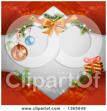 Clipart of a Christmas Background of a Bow, Baubles and a Gift on Red Waves over Gray with Flares - Royalty Free Vector Illustration by merlinul