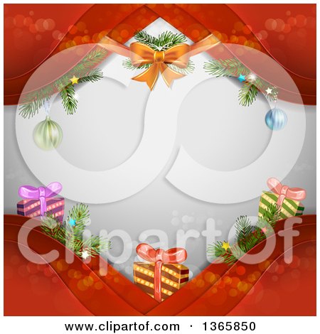 Clipart of a Christmas Background of a Bow, Baubles and Gifts on Red Waves over Gray with Flares - Royalty Free Vector Illustration by merlinul