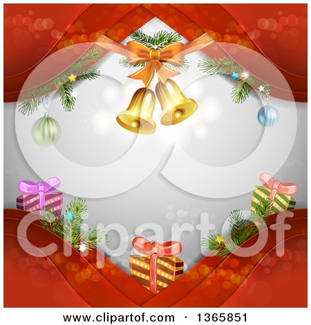 Clipart of a Christmas Background of Bells and Gifts on Red Waves over Gray with Flares - Royalty Free Vector Illustration by merlinul