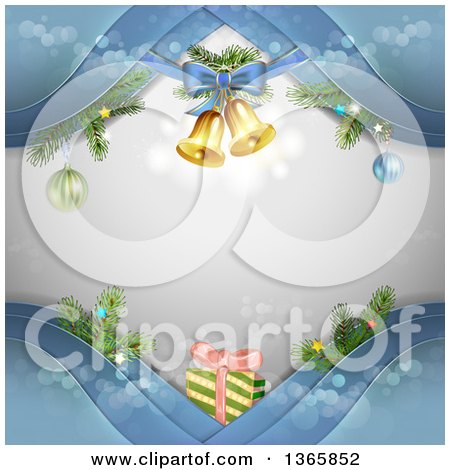 Clipart of a Christmas Background of Bells and Gifts on Blue Waves over Gray with Flares - Royalty Free Vector Illustration by merlinul