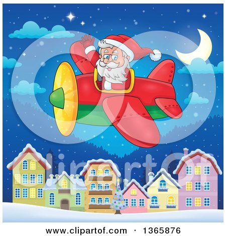 Clipart of a Christmas Santa Claus Flying a Plane over a Village at Night - Royalty Free Vector Illustration by visekart