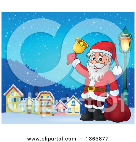 Clipart of a Christmas Santa Claus Ringing a Bell in a Village at Night - Royalty Free Vector Illustration by visekart