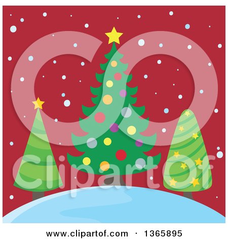Clipart of Three Christmas Trees on a Hill in the Snow over Blue - Royalty Free Vector Illustration by visekart