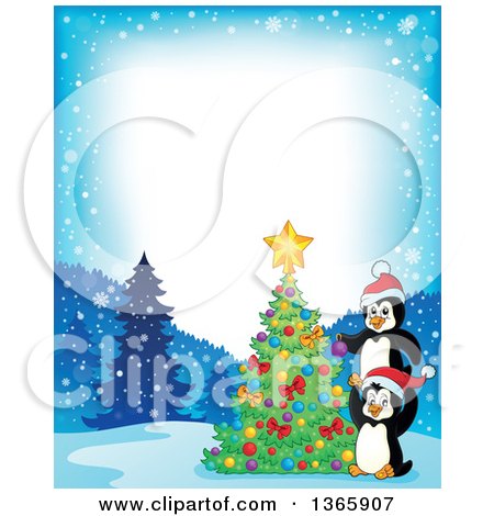 Clipart of Border of Cute Christmas Penguins Decorating a Tree - Royalty Free Vector Illustration by visekart