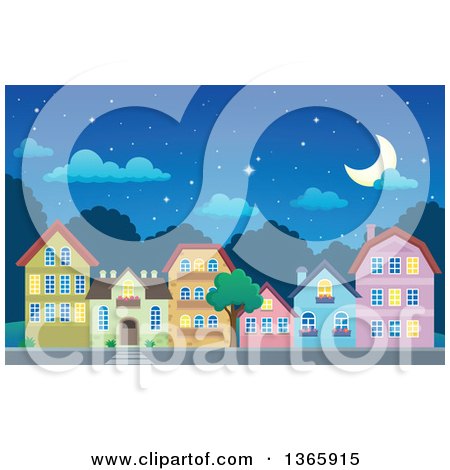 Clipart of a Village at Night - Royalty Free Vector Illustration by visekart