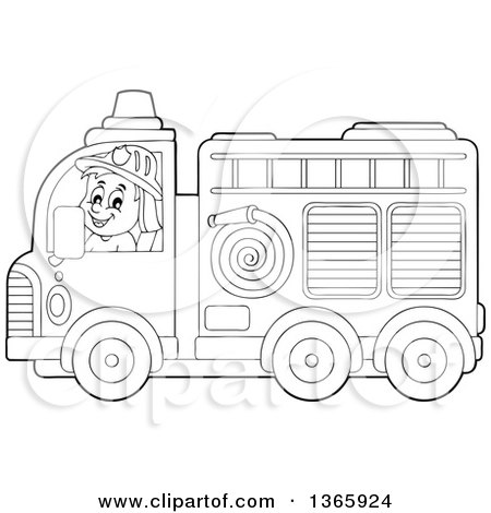 Clipart of a Cartoon Black and White White Male Fireman Driving a Fire Truck - Royalty Free Vector Illustration by visekart