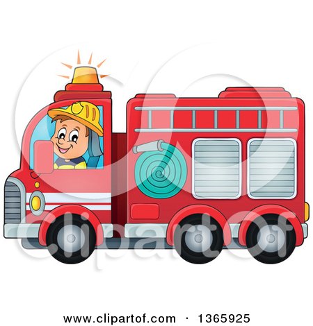 Clipart of a Cartoon White Male Fireman Driving a Fire Truck - Royalty Free Vector Illustration by visekart