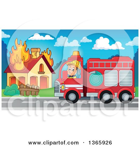 Clipart of a Cartoon White Male Fireman Driving a Fire Truck to a House Fire - Royalty Free Vector Illustration by visekart