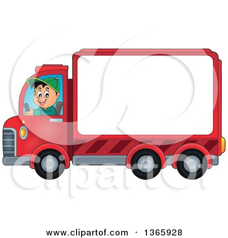 Clipart of a Cartoon Happy White Man Driving a Delivery Truck with Advertising Space - Royalty Free Vector Illustration by visekart