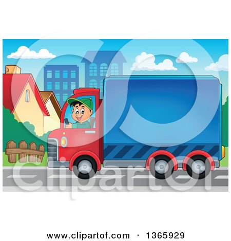 Clipart of a Cartoon Happy White Man Driving a Delivery Truck in a City - Royalty Free Vector Illustration by visekart
