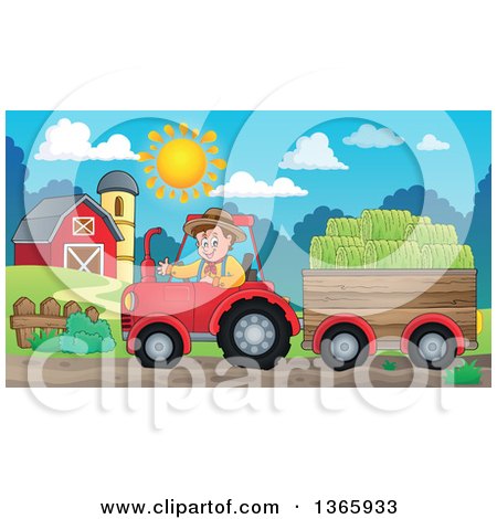 Clipart of a Cartoon White Male Farmer Driving a Tractor and Pulling Hay in a Cart near a Barn - Royalty Free Vector Illustration by visekart