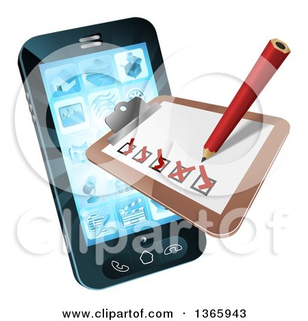 Clipart of a 3d Pencil and Survey Check List Emerging from a Smart Phone Screen - Royalty Free Vector Illustration by AtStockIllustration