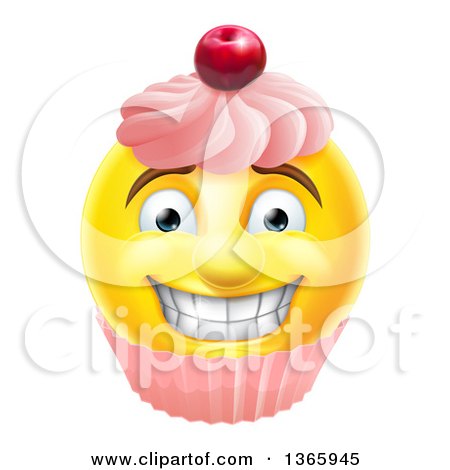 Clipart of a 3d Happy Yellow Male Smiley Emoji Emoticon Face Cupcake - Royalty Free Vector Illustration by AtStockIllustration
