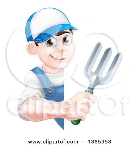 Clipart of a Happy Young Brunette White Male Gardener in Blue, Holding a Garden Fork Around a Sign - Royalty Free Vector Illustration by AtStockIllustration