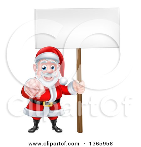 Clipart of a Christmas Santa Claus Pointing at You and Holding a Blank Sign - Royalty Free Vector Illustration by AtStockIllustration