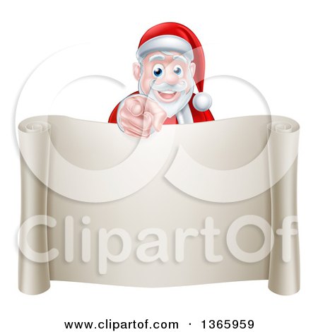 Clipart of a Christmas Santa Claus Pointing at You over a Blank Scroll Page - Royalty Free Vector Illustration by AtStockIllustration