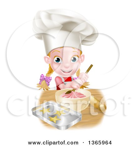 Clipart of a Cartoon Happy White Girl Making Frosting and Star Cookies - Royalty Free Vector Illustration by AtStockIllustration