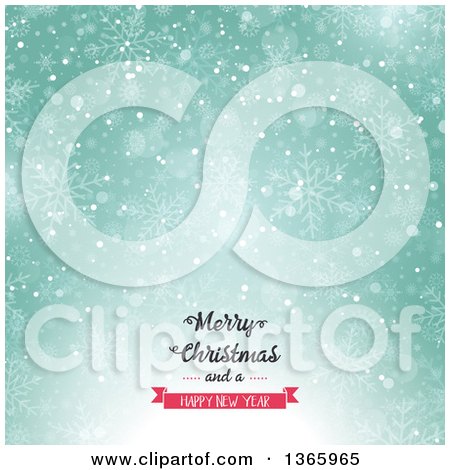Clipart of a Merry Christmas and a Happy New Year Greeting over Green Snowflakes and Flares - Royalty Free Vector Illustration by KJ Pargeter