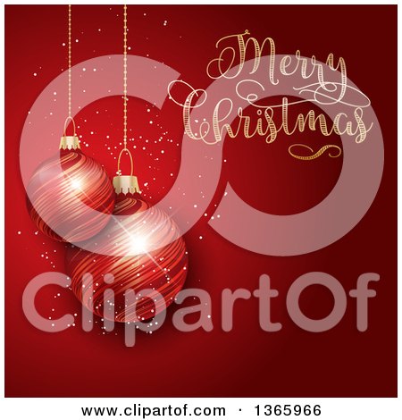 Clipart of a Merry Christmas Greeting with Suspended 3d Bauble Ornaments over Red - Royalty Free Vector Illustration by KJ Pargeter