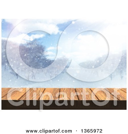 Clipart of a 3d Wooden Deck or Table with a Blurred View of a Winter Landscape - Royalty Free Illustration by KJ Pargeter