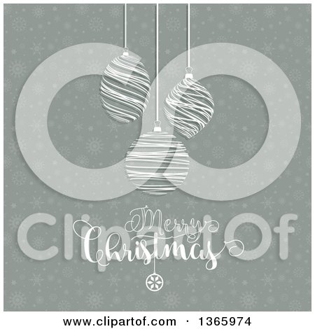 Clipart of a Merry Christmas Greeting with Suspended Scribble Bauble Ornaments over Retro Snowflakes - Royalty Free Vector Illustration by KJ Pargeter