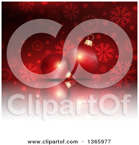 Clipart of a Christmas Background of 3d Bauble Ornaments over Snowflakes and Stars on Red - Royalty Free Vector Illustration by KJ Pargeter