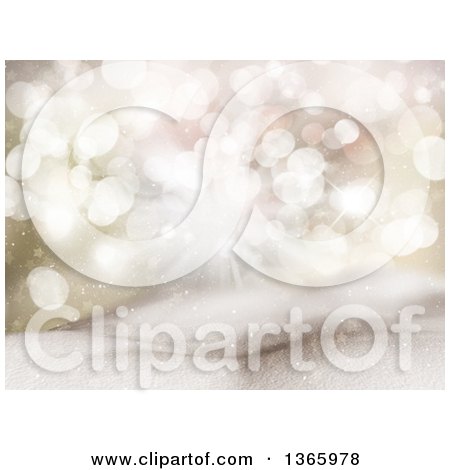 Clipart of a Christmas Background of Bokeh Lights and Stars over 3d Snow - Royalty Free Illustration by KJ Pargeter
