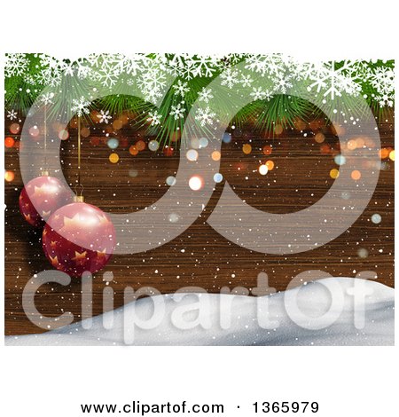 Clipart of a Background of Suspended 3d Red Christmas Bauble Ornaments over Wood, Snow and Snowflakes - Royalty Free Illustration by KJ Pargeter