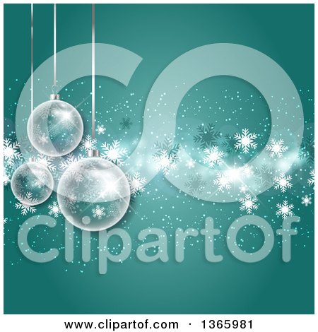 Clipart of a Christmas Background of 3d Transparent Glass Bauble Ornaments over Snowflakes on Green - Royalty Free Vector Illustration by KJ Pargeter