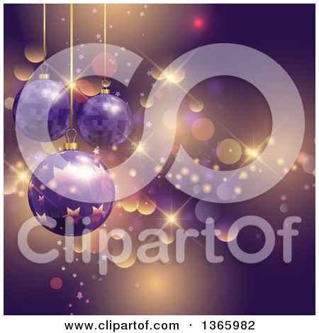 Clipart of a 3d Suspended Purple Christmas Bauble Ornaments over Stars and Bokeh Flares - Royalty Free Vector Illustration by KJ Pargeter