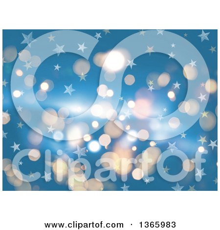 Clipart of a Christmas Background of Stars and Bokeh Lights on Blue - Royalty Free Illustration by KJ Pargeter