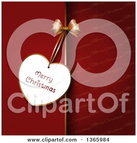 Clipart of a Merry Christmas Greeting Tag on a Bow over a Split Red and Text Background - Royalty Free Vector Illustration by KJ Pargeter
