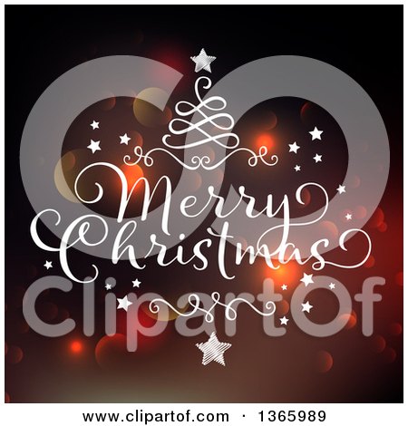 Clipart of a Merry Christmas Greeting with a Swirl Tree over Bokeh Flares - Royalty Free Vector Illustration by KJ Pargeter