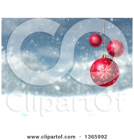 Clipart of a Background of Suspended 3d Red Christmas Bauble Ornaments over a Blurred Snowy Winter Landscape - Royalty Free Illustration by KJ Pargeter