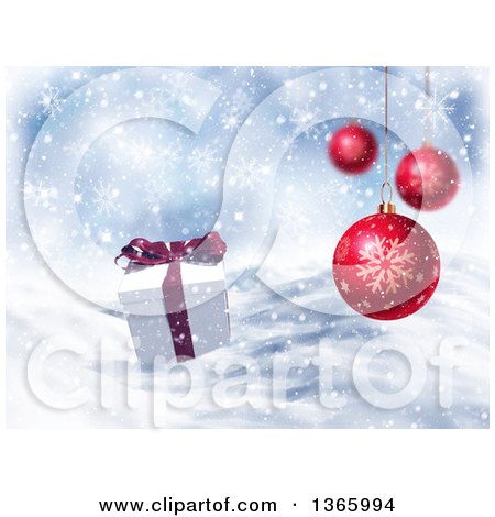 Clipart of a Background of Suspended 3d Red Christmas Bauble Ornaments over a Snowy Landscape and Gift - Royalty Free Illustration by KJ Pargeter