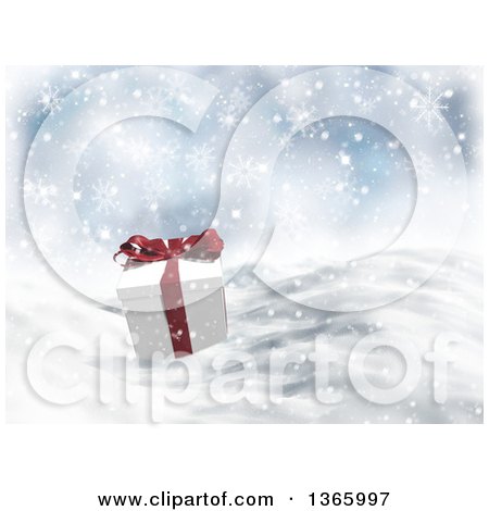 Clipart of a 3d Christmas Gift in the Snow - Royalty Free Illustration by KJ Pargeter