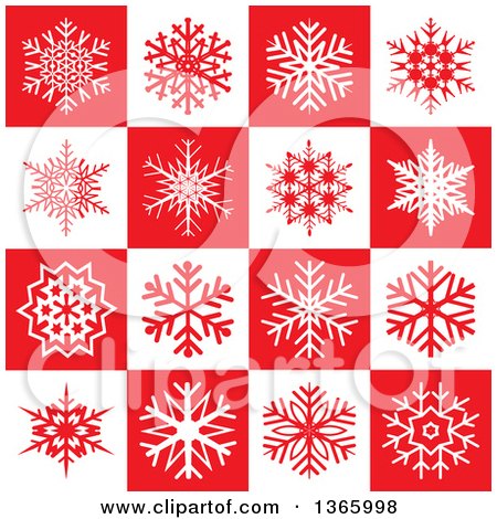 Clipart of a Background Pattern of Snowflakes on Red and White Squares - Royalty Free Vector Illustration by KJ Pargeter