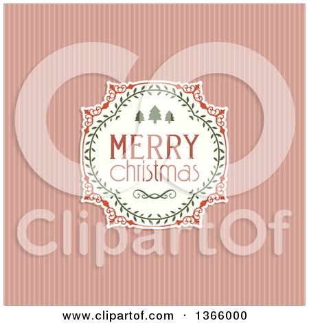 Clipart of a Retro Merry Christmas Greeting in a Frame over Pastel Pink Stripes - Royalty Free Vector Illustration by KJ Pargeter