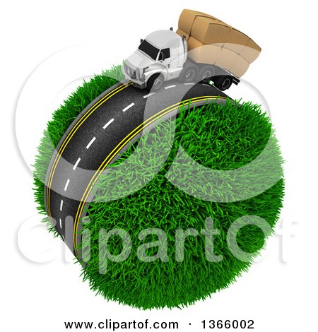 Clipart of a 3d Roadway with a Big Rig Truck Transporting Boxes, Driving Around a Grassy Planet, on White - Royalty Free Illustration by KJ Pargeter